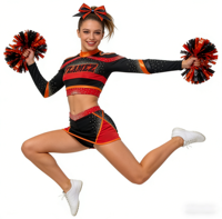 Tenues de cheerleading de luxe orange et noires, uniforme de cheerleading à col montant avec bordure métallique et broderie flamme au dos pour les spectacles sur scène