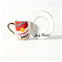 Ensemble tasse et soucoupe à espresso Campbell's Soup Can, 90 ml, réutilisable, vintage, Andy Warhol Pop Art, poignée dorée, céramique écologique