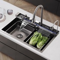 Évier de cuisine intelligent à cascade avec affichage LED de la température, en acier inoxydable 304, anti-buée, motif nid d'abeille en relief, pour fabricants
