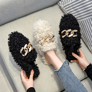 Femmes hiver laine d'agneau appartements <span class=keywords><strong>Mules</strong></span> Femme chaîne décor peluche bouclés fourrure fourrure moelleux mocassins pantoufles - Product Image 1