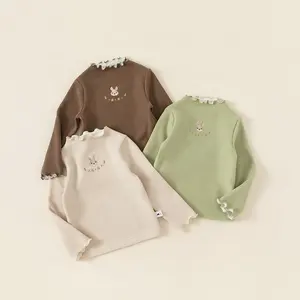 kids girl Bottoming tshirts for autumn winter a multi-color top children's bunny embroidery casual long sleeve ruffle tops