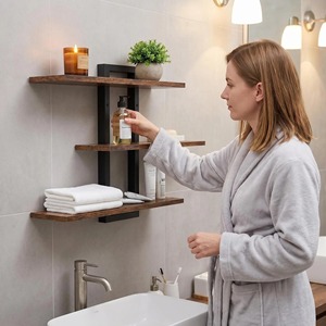 Estante de Pared de Madera Ou Shumei, Rectangular, de Tres Niveles, Color Marrón, para Baño, Ahorra Espacio, Duradero - Product Image 1