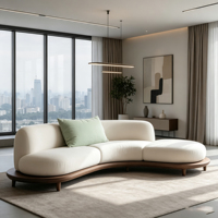 Canapé modulaire incurvé en tissu crème avec base en bois massif, canapé moderne pour salon d'appartement urbain