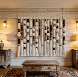 Décoration murale en macramé bohème - Décoration murale rustique avec pompons pour maisons de vacances de luxe - Product Image 1