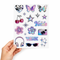 Feuille d'autocollants personnalisés holographiques Y2K rose chromé métallisé effet pailleté cerise, en vinyle imperméable, découpés à la forme, pour journal et ordinateur portable