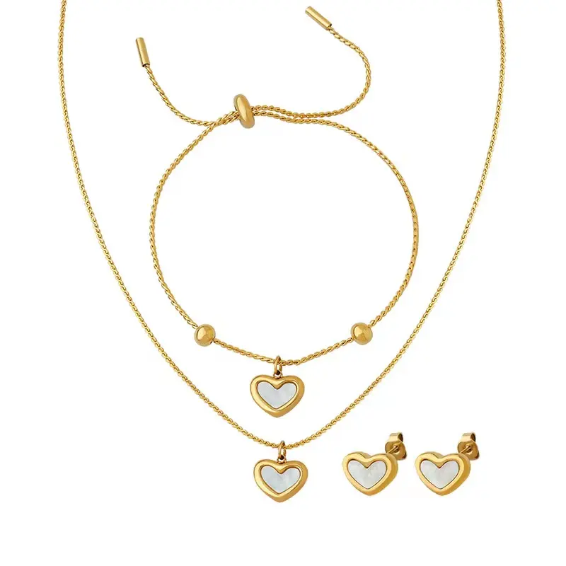 3pcs/Set Heart Shaped Earrings Necklace Set Gold Plated Bracelet Link Chain Women Titanium Steel Fine Jewelry Accessories