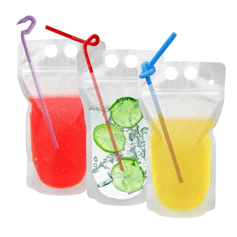 In Stock and Custom Stand Up Zip Lock Juice Bags with Straw for Hot and Cold Drinks Reusable Juice Beverage Drink Pouch Bags
