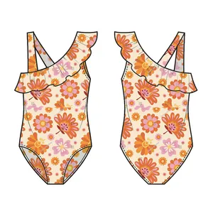 Custom Printed Pleated Edge One Piece Lovely Girl Super Bikini Swimwear Summer Girls Bathing Suit