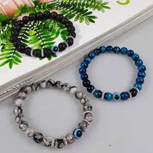 Yeni gelenler streç 8mm doğal akik Lava taş boncuklu bilezik Lava mavi Evil Eyes boncuk bilezik erkekler için