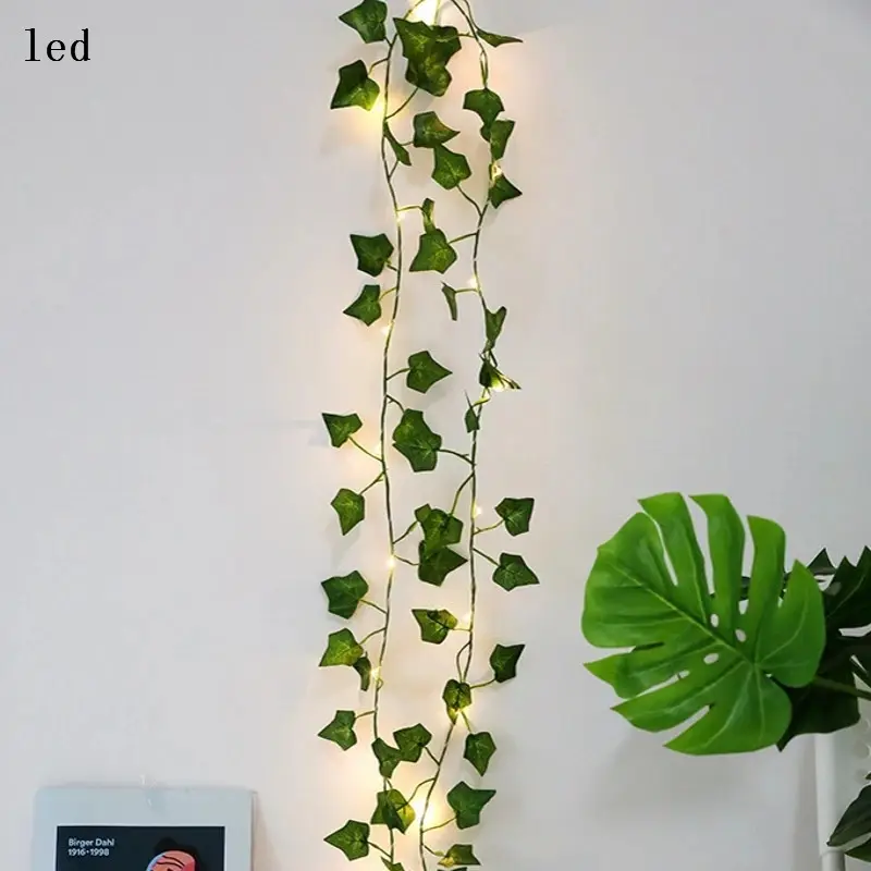Solar Warm White 2 Function Simulation Green Leaf Rattan Led Copper Wire String Light Christmas Decoration