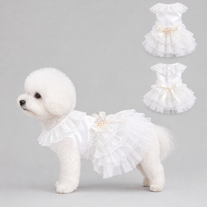 Handmade Ruffle <b>Collar</b> Satin <b>Pet</b> Dress Multi-layer Lace Tulle Skirt With Pearl Bow Back Button Elegant Small Dog Wedding Gown - Product Image 1