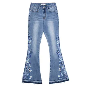 Good Quality Fashion Retro High Waist Stretch Ripped Floral Embroidery Flared Pants Women's Jeans Vaqueros Acampanados