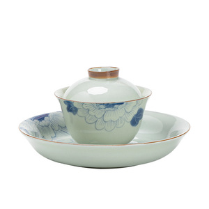 ชุดกาน้ำชา Gaiwan ลายดอกโบตั๋นสีน้ำเงินขาว วาดด้วยมือ พร้อมถ้วยชาแบบมีฝาปิด ทนความร้อน สำหรับชงชา - Product Image 5