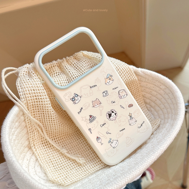 Korean Cartoon Kitten Graffiti Pattern Phone Case for iPhone 17 16 15 14 13 Pro Max Macaron Shockproof Protective Soft Cover