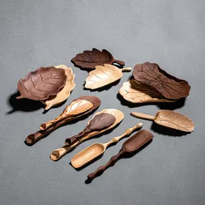 Cuchara de té de bambú tallada a mano y cuchara de café Cha Ze, portavasos con forma de hoja de árbol con bandeja de té, artesanía de decocción hecha a mano y ventilador