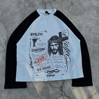 T-shirt personnalisé pour homme à manches raglan longues, imprimé graphique DTG vintage, ourlet brut, style streetwear Y2K, fournisseur de vêtements
