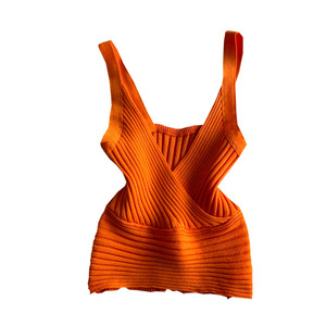 Débardeur côtelé vintage pour femme, col en V, taille haute, couleur unie, coupe courte et ajustée, style européen, dos nu, à porter en sous-vêtement - Product Image 5