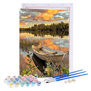 AOVIA Custom DIY Painting By Numbers HandPainted Ready Frame Paint By Number Sunset On Canvas Boat Landscape Gift For Kids