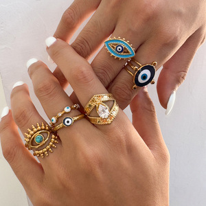 Bague Œil Turc Plaqué Or pour Femme, Bijou Géométrique à Sertissage à Griffes, Cadeau Tendance, Origine Yiwu - Product Image 3