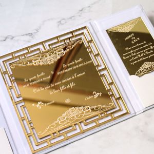 Portone di lusso pieghevole in velluto bianco foglio di invito a nozze con ritaglio Laser oro specchio acrilico inviti - Product Image 6