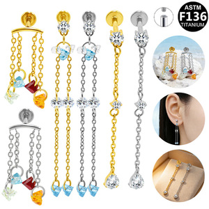Boucles d'oreilles pendantes longues à pompon en alliage de titane G23, serti à griffes, bijoux de fête, piercing tendance pour femme - Product Image 1