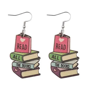 Back to School Gifts Creative Wooden Book Pencil Drop Dangle Earrings for Women Girls