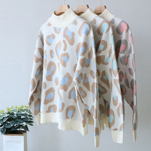 Maglione con stile Casual da donna in stile Casual Vintage a collo alto di base bianco 2022 invernale a <span class=keywords><strong>maglia</strong></span> calda oversize con stampa leopardata - Product Image 6