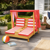 Chaise longue double pour enfants avec auvent, chaise d'extérieur en bois avec coussins et porte-gobelets pour patio et bord de piscine