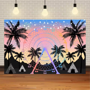 Fondo Fotográfico Musical para Fiesta de Cumpleaños con Temática de Rueda Gigante al Atardecer junto al Mar, Festival, Boda, Vacaciones Tropicales de Hawái con Palmeras de Coco - Product Image 2
