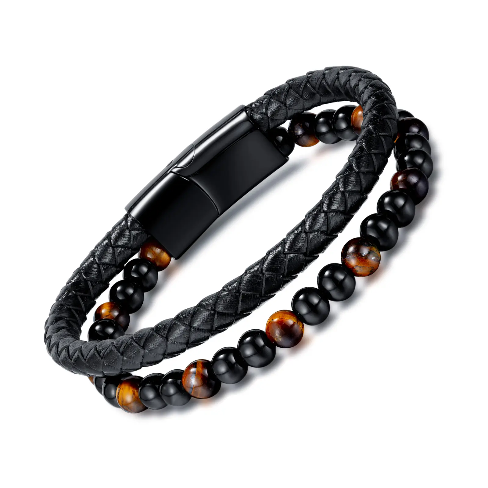 pulsera de cuero Wholesale stainless steel leather bracelets fashion street tiger eye woven leather bracelets for men