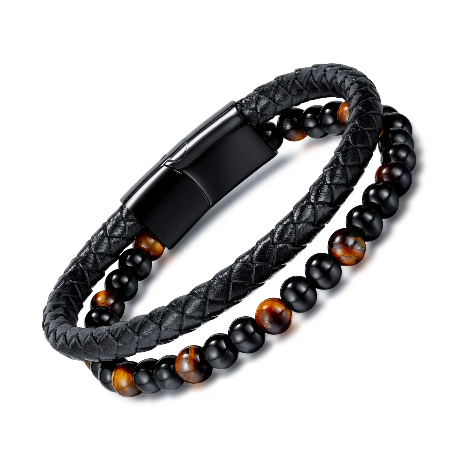 Vente en gros de bracelets en cuir en acier inoxydable bracelets en cuir tressés oeil de tigre pour hommes