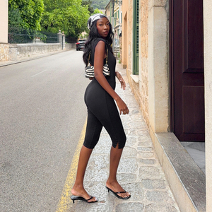 Mono de punto elástico transpirable sin mangas de color liso con cintura alta ajustado para mujer, ideal para el verano 2026 - Venta al por mayor - Product Image 5