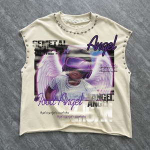 เสื้อกล้ามสตรีทแวร์คุณภาพสูง ผ้าฝ้าย ประดับเพชรเทียม เสื้อกล้ามผู้ชาย คอกลม ผ้าเฟรนช์เทอร์รี่ พิมพ์ลายพอง เสื้อยืดกราฟิกแบบไม่มีแขน - Product Image 1