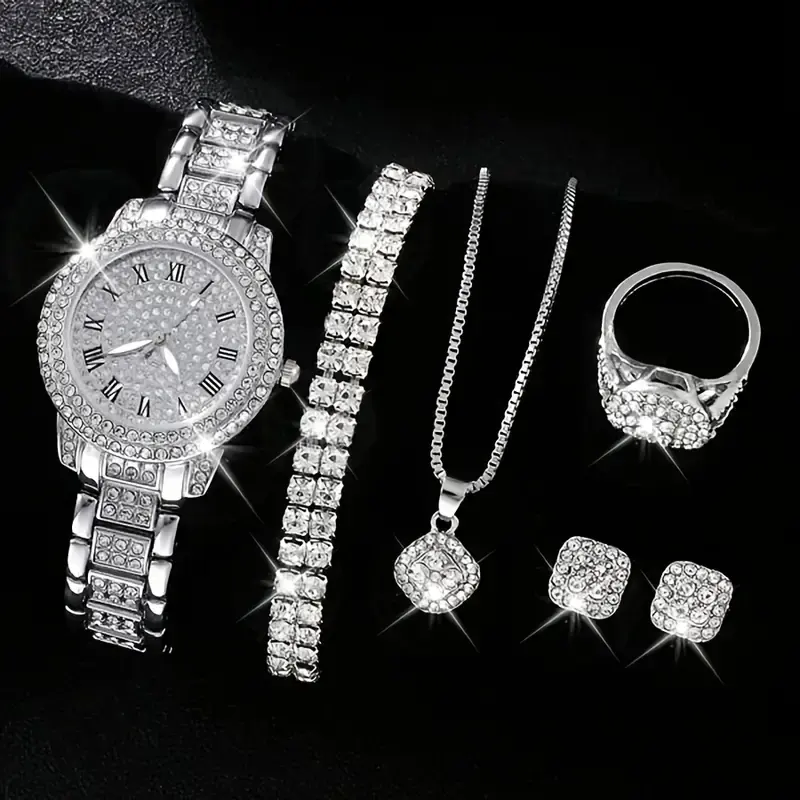 Jam tangan Analog modis & 5 buah Set perhiasan bergaya berlian imitasi jam tangan set hadiah untuk wanita CD134