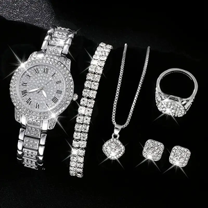 Reloj de Mujer en Oferta, Juego de Joyería de Cinco Piezas con Incrustaciones de Diamantes, Reloj de Cuarzo Romano Moderno CD134 - Product Image 1