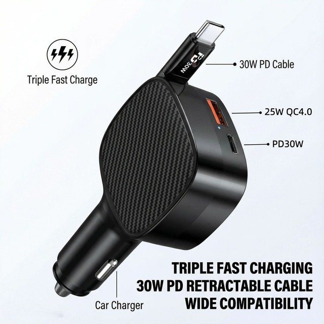 Tidy & Fast 30W PD QC4.0 Dual-Port Type-C Car Charger Retractable Cable Smart Chip for Mobile Phone Simultaneous Safe Charging
