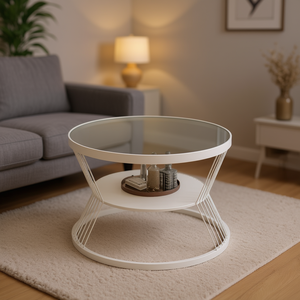 Tavolino da caffè moderno 80x80x45 cm in vetro grigio con struttura in ferro bianco, mobiletto contenitore per soggiorno - Product Image 2