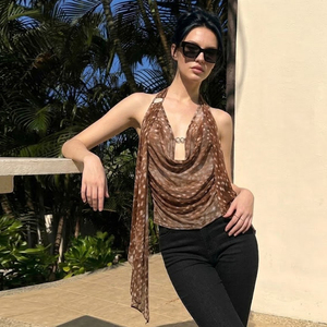 Débardeur Halter Tricoté à Col Cache-cœur Court, Imprimé à Pois, Dos Nu avec Boucle Métallique et Nœud en Ruban, pour Fête et Vacances - Product Image 2