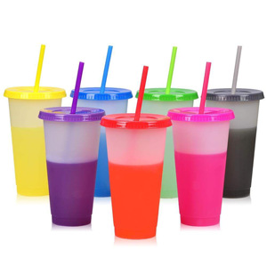 custom 16oz 24 oz colored Plastic coffee magic tumbler reusable cold water color changing cup with lids and straws