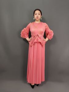 Venta directa de fábrica, moda plisada Miyaki para mujer, 2 piezas, manga de <span class=keywords><strong>campana</strong></span> a rayas doradas, Top, <span class=keywords><strong>falda</strong></span> Snd, conjunto informal para el verano - Product Image 4