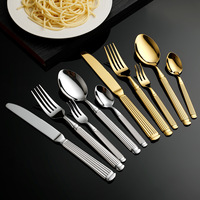 Ensemble de couverts cinq pièces en acier inoxydable doré, style colonne romaine, finition miroir, luxe léger, pour la table occidentale