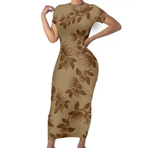 Оптовая продажа, лето 2023, женское коричневое платье для дам, индивидуальное полинезийское этническое платье макси скромное с принтом Ohia lehua