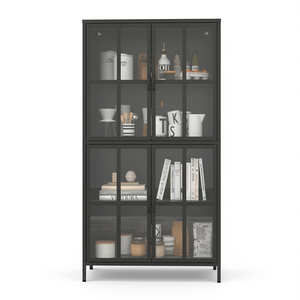 Armoire de rangement en métal noir avec portes en verre trempé, étagères réglables, serrure à clé, armoire de classement pour la maison ou le bureau, design industriel - Product Image 1
