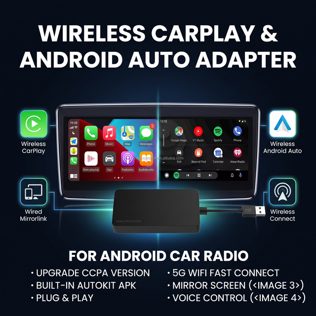 OEM ODM 5.8GHz Wireless CarPlay Android Auto Adapter Box for Android Car Screen Head Unit Mirror Link Dongle Custom Packaging
