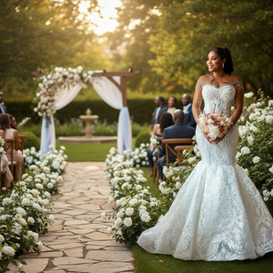 2025 Customizable Modern White Mermaid <b>Wedding</b> <b>Dress</b> Ruffles Lace Embroidery Elegant Lace Illusion Natural Waistline Plus Size - Product Image 5