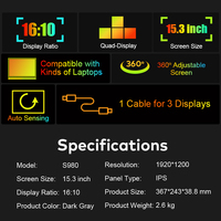 Monitor Portátil de Pantalla Triple de 15.3 Pulgadas, Panel IPS de 1200P, Conexión con 1 Cable, Diseño Plegable, Extensión de Pantalla Triple para Laptop