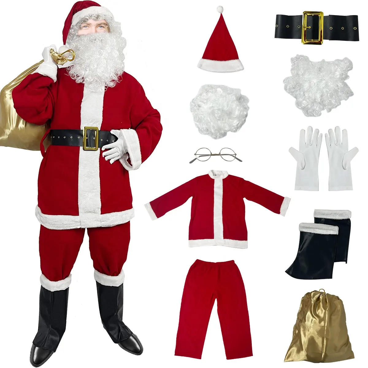 10 adet Santa kostüm erkek noel baba kostüm Xmas Suit için erkek şapka şal üst pantolon kemer çizmeler Mitten sakal peruk seti