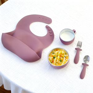 5 PC Alimentaire de qualité réglable Bib Cupe d'aspiration Bols en acier inoxydable, non toxique Bébé Alimentation Set Silicone - Product Image 1