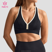 Soutien-gorge de sport pour femme, personnalisé OEM, à bretelles croisées, col en V, dos découpé, à rayures contrastées bicolores, maintien élevé, pour fitness, yoga et entraînement