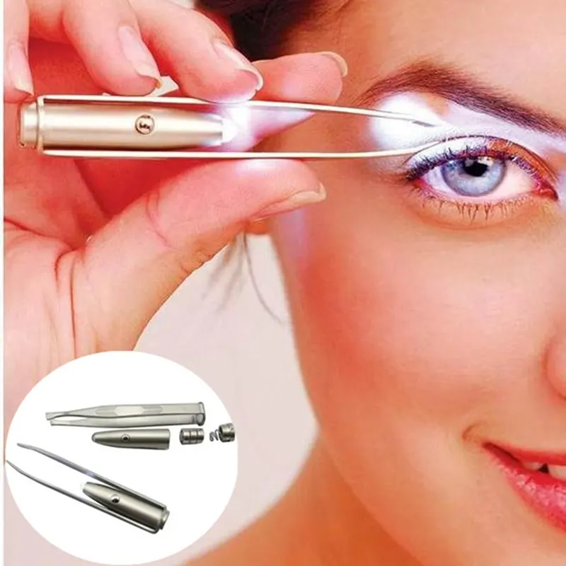 De moda de acero inoxidable de las mujeres de luz LED cejas pinzas de pelo de belleza maquillaje cosméticos herramienta